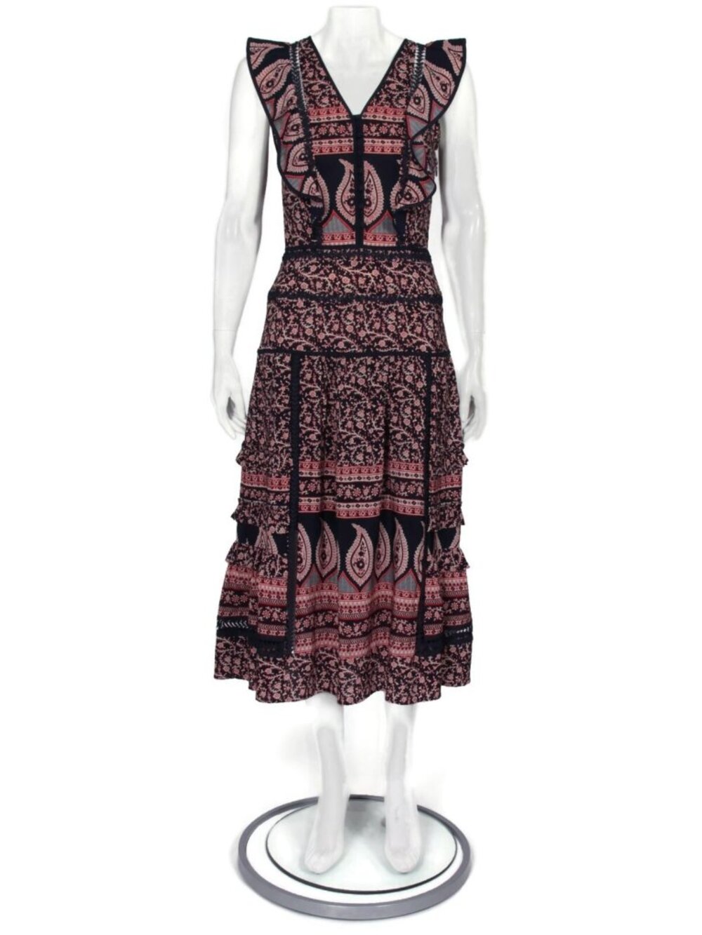 SEA New York Floral Paisley Blue Red Ruffle Sleeveless Silk Midi Dress sz 0 /562